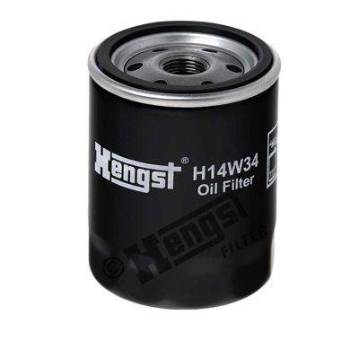 Hengst H14W34 Ölfilter'; ein zylindrischer, schwarzer Automotive-Filter mit Metalloberseite, verwendet zum Filtern von Motoröl.