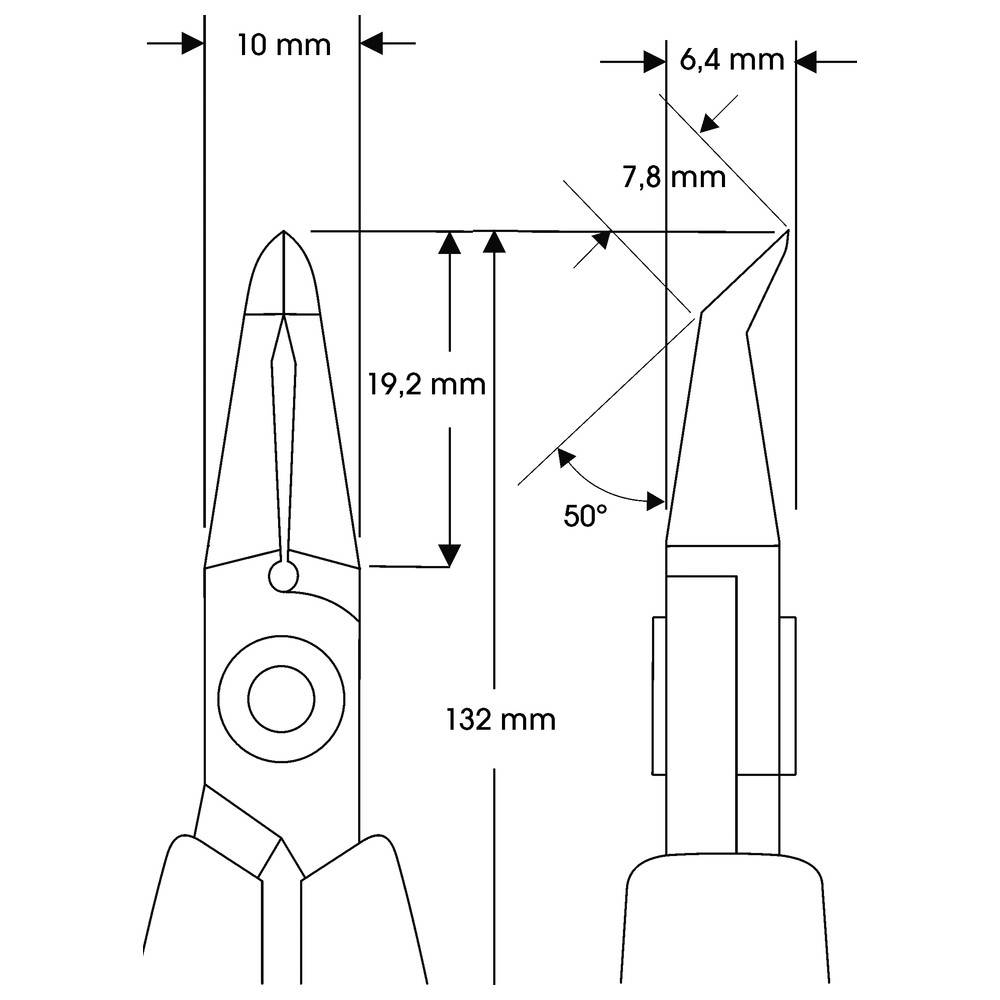 Technische Zeichnung der Zangenspitzen mit Maßen: 10 mm Länge, 6,4 mm, 7,8 mm Winkel, 19,2 mm Breite, 50° Schnittwinkel, 132 mm Gesamtlänge.