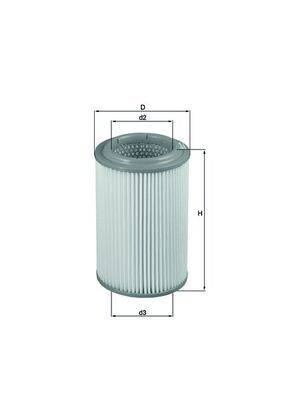 Zylindrischer Luftfilter mit Abmessungen: Durchmesser (D, d2, d3) und Höhe (H), verwendet zur Luftfilterung in verschiedenen Anwendungen.