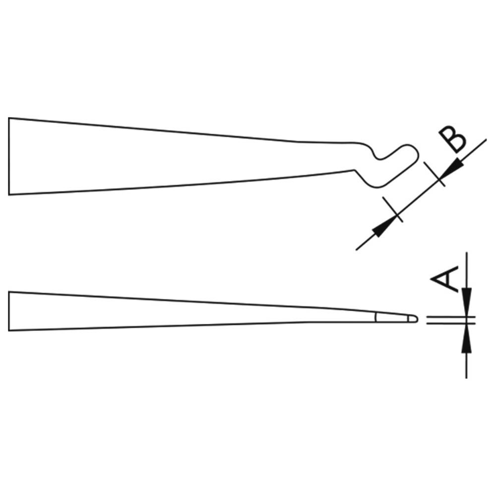 Diagramm eines Werkzeugs in Seitenansicht, das zwei Winkel zeigt: Basiswinkel ‚A' und geneigten Winkel ‚B', die Verjüngung und Krümmung andeuten.