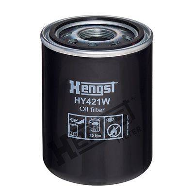 Ein schwarzer Ölfilter mit der Bezeichnung 'Hengst HY421W Ölfilter', mit Symbolen für die Installation: von Hand bis 20 Nm anziehen, keine Schraubzange verwenden.