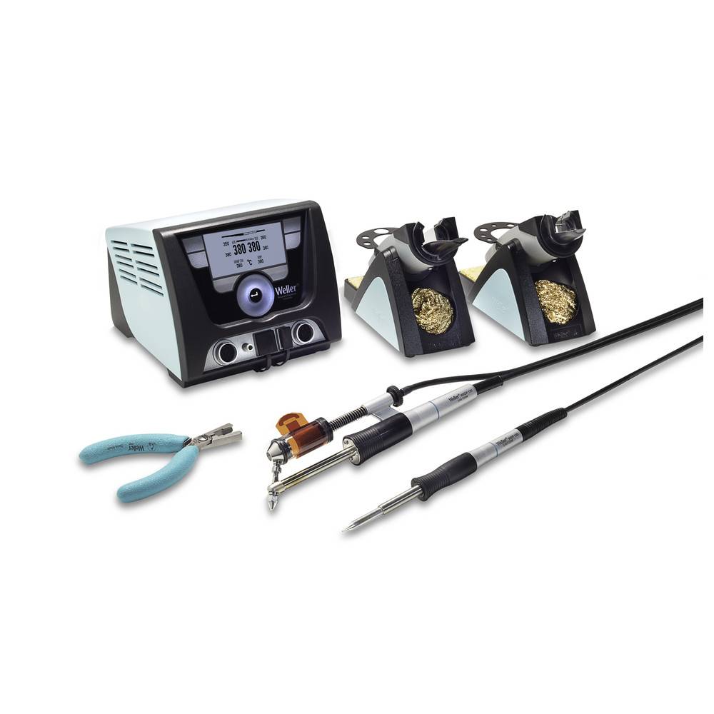 Eine Lötstation mit zwei Lötkolben, einer Steuereinheit, Schwammhaltern und einem Paar blauer Zangen.