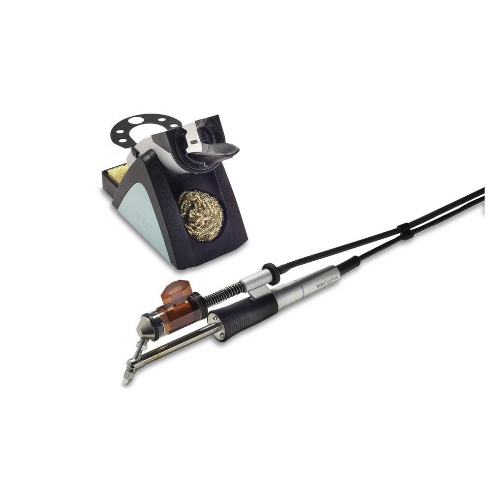 Ein Lötkolben mit Ständer und Schwamm, der für Elektronikarbeiten verwendet wird, ist abgebildet. Der Ständer ist so konzipiert, dass das heiße Werkzeug sicher aufbewahrt werden kann.