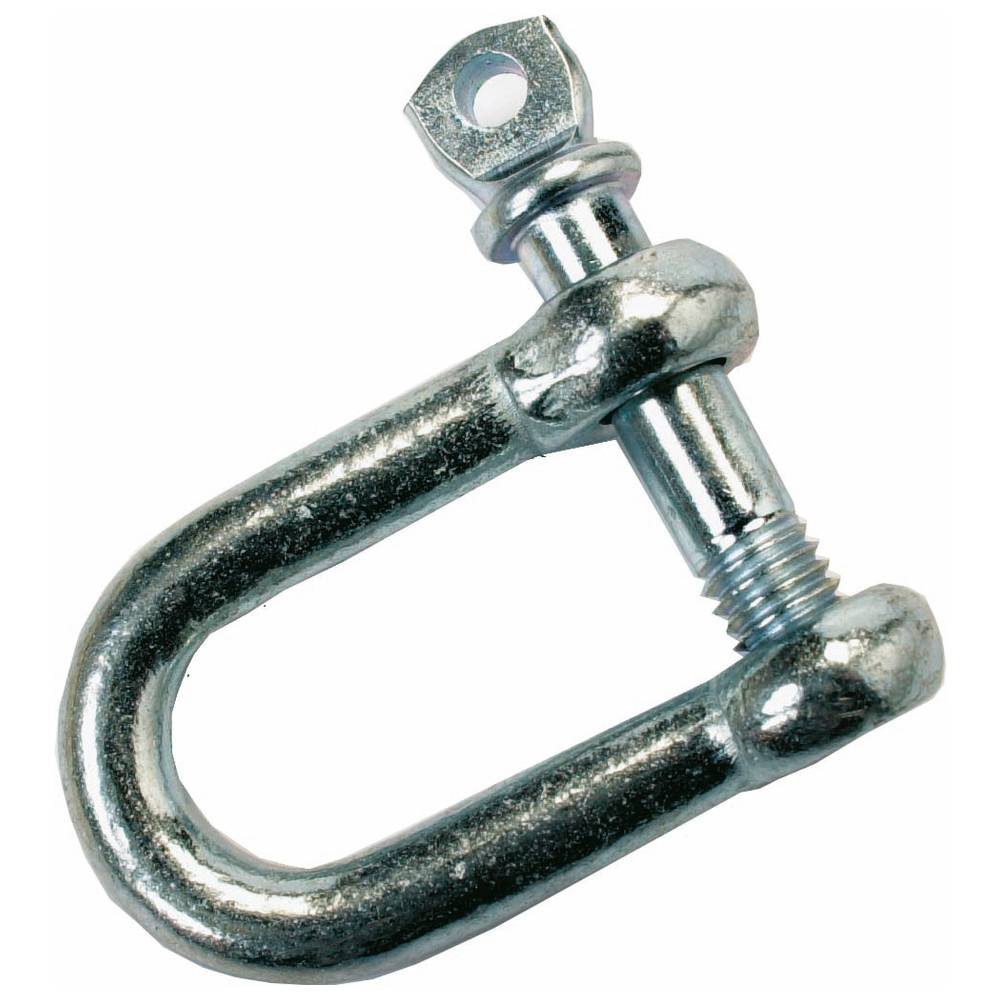 Eine silberne Metall-D-Schäkel mit Gewindebolzen, verwendet zum Sichern von Lasten in der Schifffahrt oder im Baugewerbe.