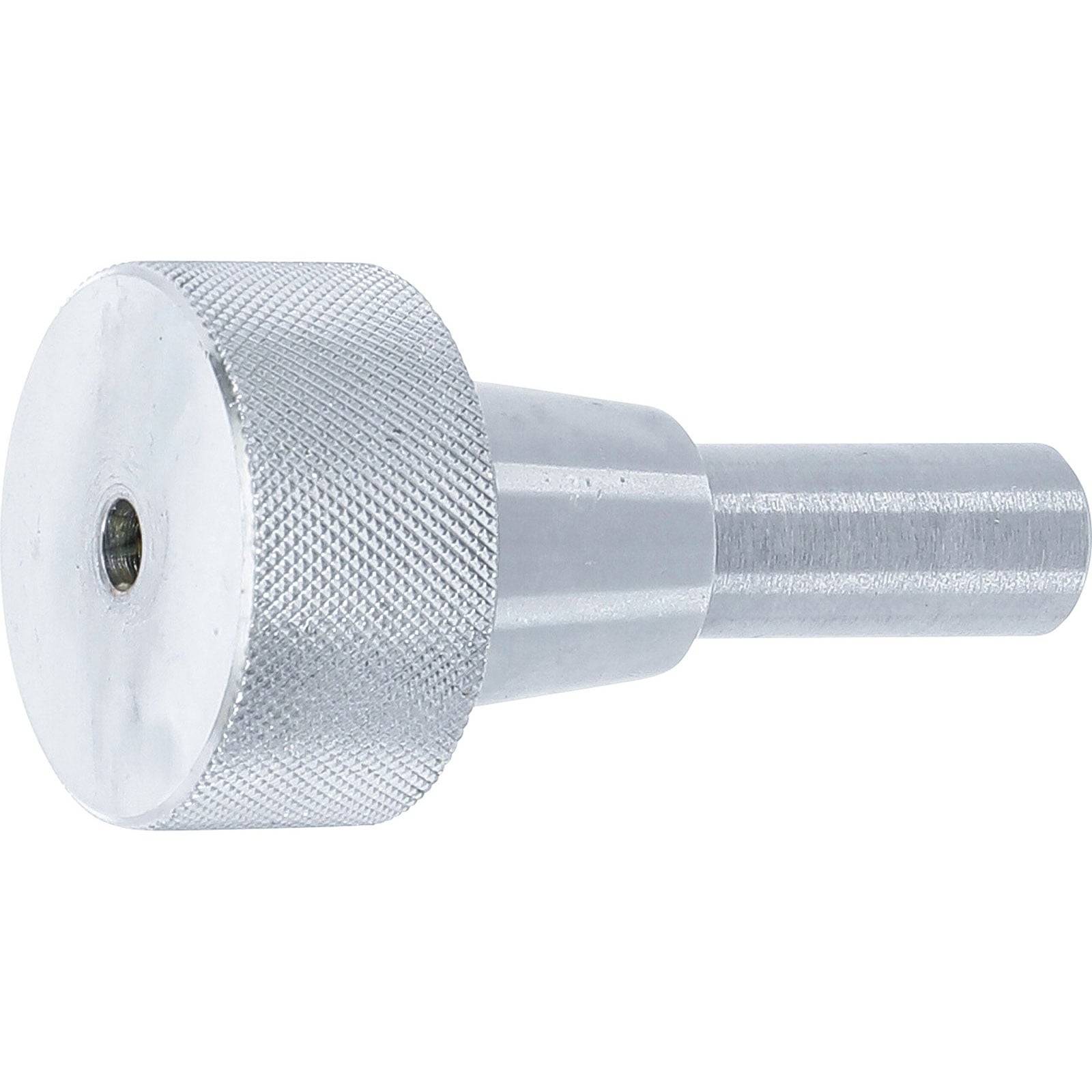 Ein silberner gerillter Knopf mit einem zylindrischen Schaft, der häufig als Steuer- oder Einstellungskomponente in mechanischen oder elektronischen Geräten verwendet wird.