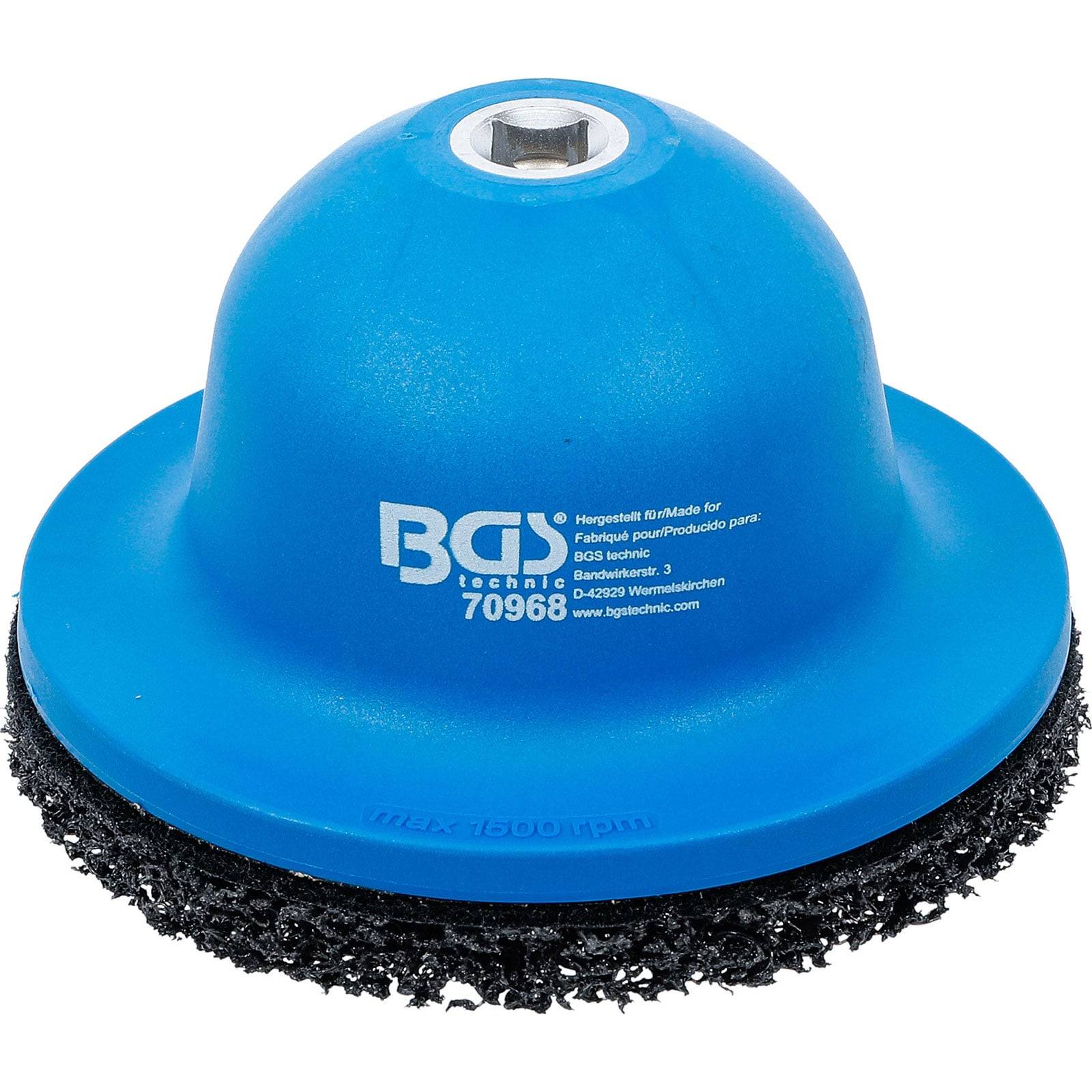 Ein blauer abrasiver Nylon-Bürstenbecher mit der Bezeichnung 'BGS technic 70968', entwickelt für Polierarbeiten, mit einer Höchstdrehzahl von 6000 U/min.