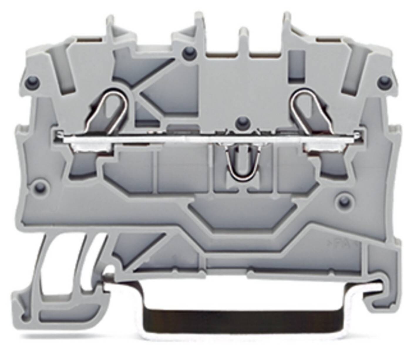 Ein grauer elektrischer Anschlussblock mit Metallkomponenten, der zur sicheren Verbindung von elektrischen Leitungen in einer Schaltung verwendet wird.