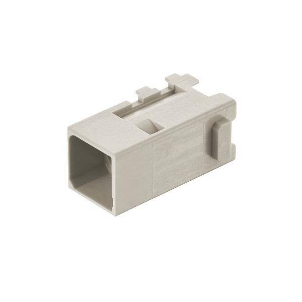Ein beiger Kunststoff-Rechteckverbinder für die Verbindung elektrischer Leitungen, mit einer oberen Verriegelung für eine sichere Befestigung.