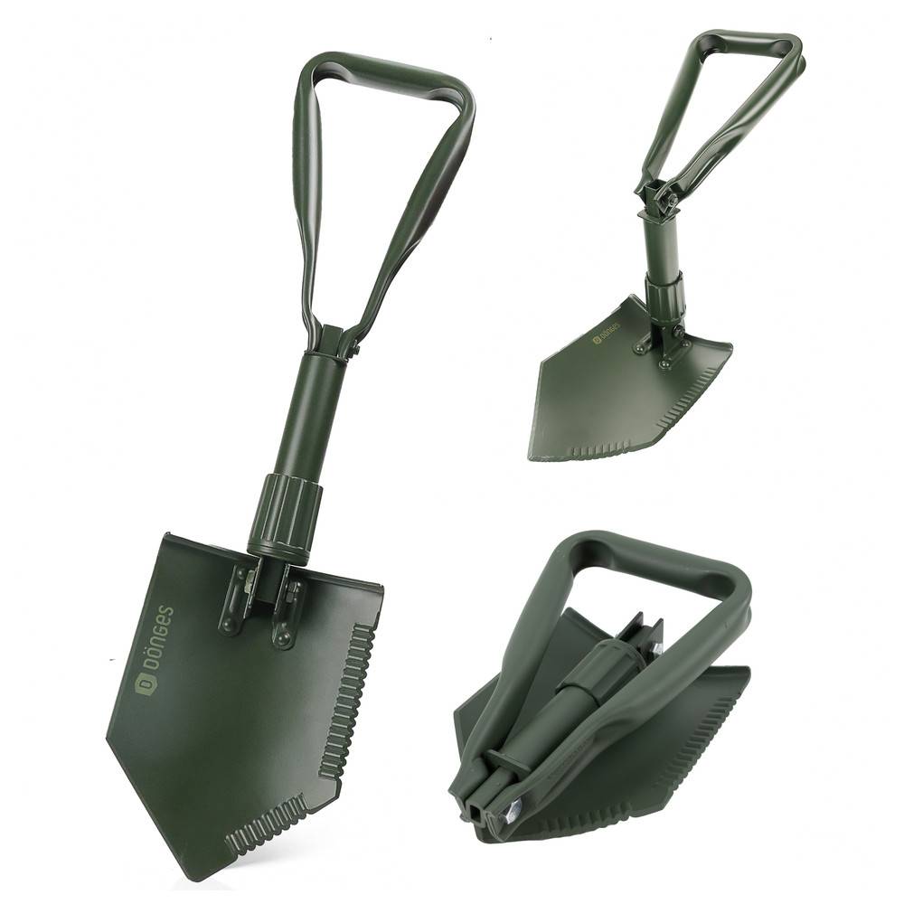 Eine zusammenklappbare grüne Schaufel mit gezackter Kante, in drei Konfigurationen dargestellt: ausgeklappt, halb gefaltet und vollständig kompakt.