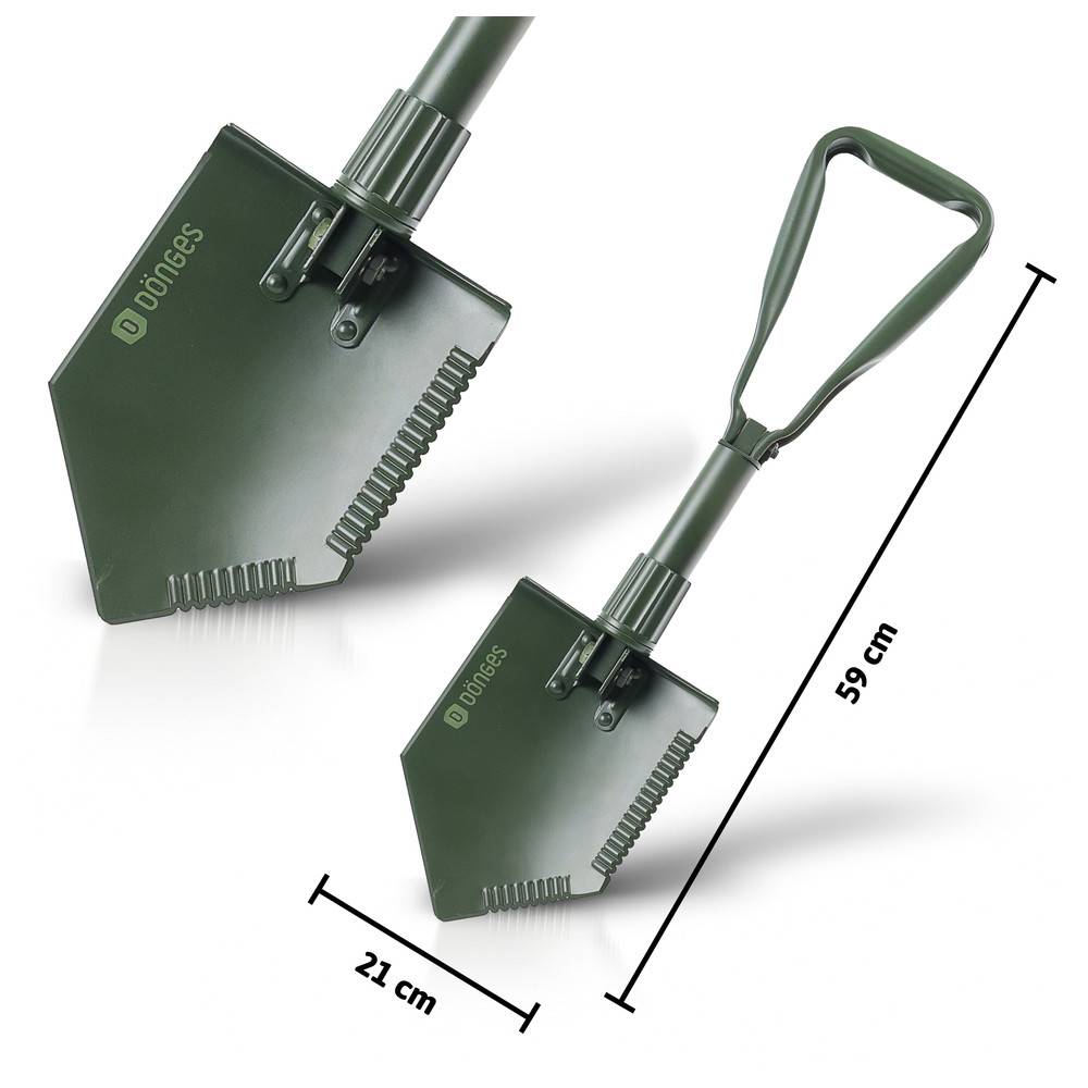 Eine schräge Ansicht eines grünen zusammenklappbaren Spatens mit der Beschriftung „biotess