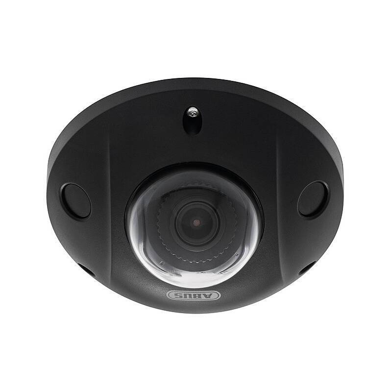 Deckenmontierte schwarze Dome-Überwachungskamera mit transparenter Linsenabdeckung, geeignet für Sicherheitsüberwachung im Innenbereich.