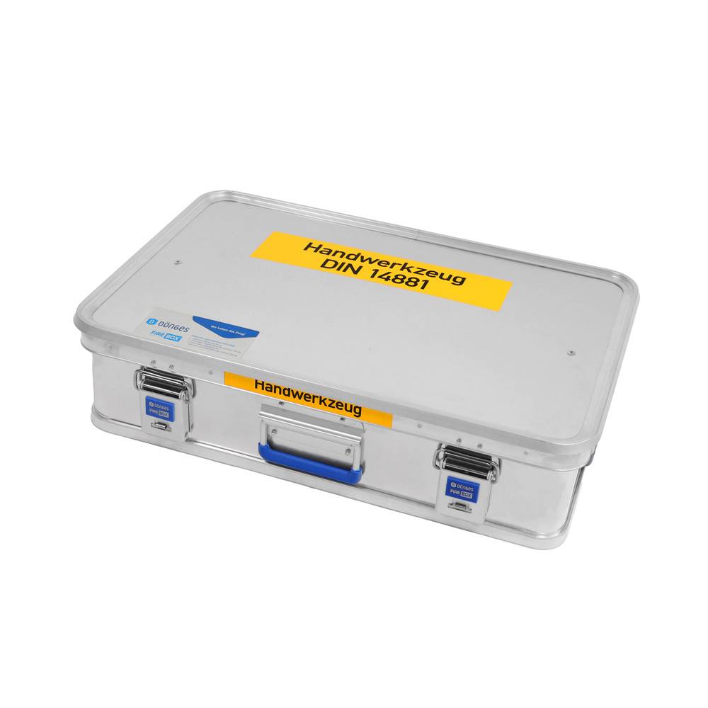 Eine Metallwerkzeugkiste mit der Bezeichnung 'Handwerkzeug DIN 14881' mit blauem Griff und Verschlüssen, verwendet zur Aufbewahrung von Werkzeugen.