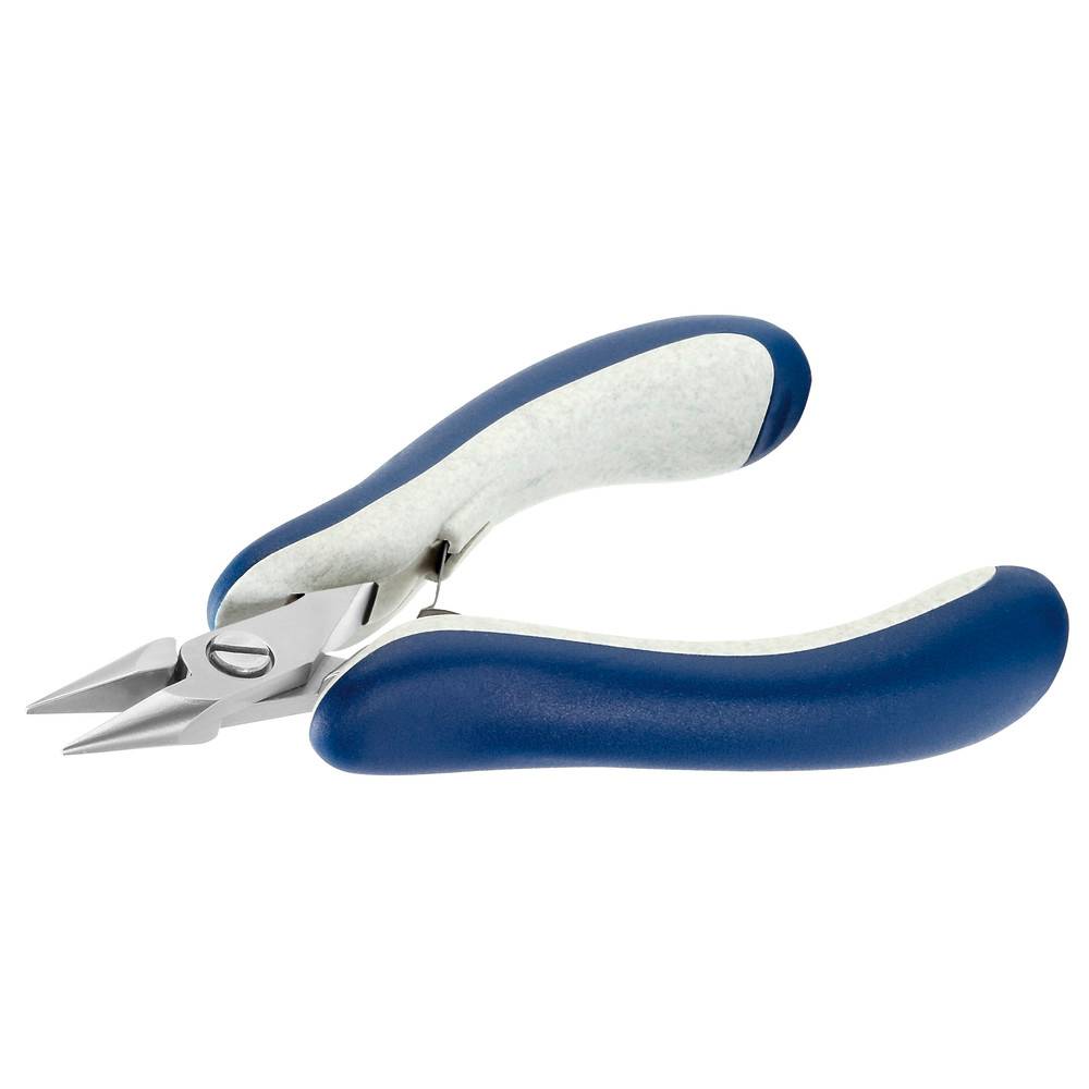 Drahtschneider mit blauem Griff, ausgestattet mit kleinen, abgewinkelten Metallschneidklingen, verwendet für präzise Schnitte bei der Schmuckherstellung oder in der Elektroarbeit.