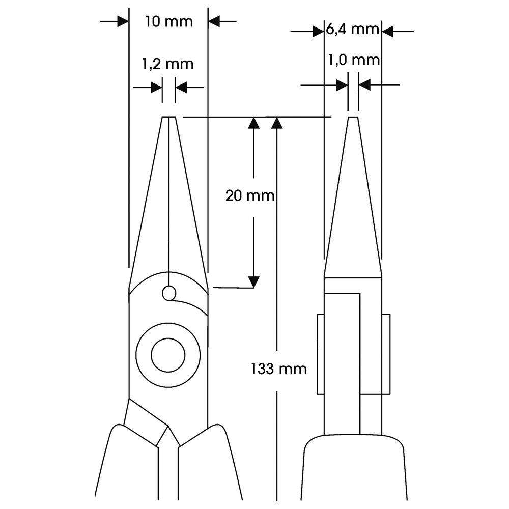 Technische Zeichnung einer Zange mit beschrifteten Maßen. Gesamtlänge: 133 mm. Kieferlänge: 20 mm. Spitzenbreite: 10 mm. Schaftbreite: 6,4 mm.