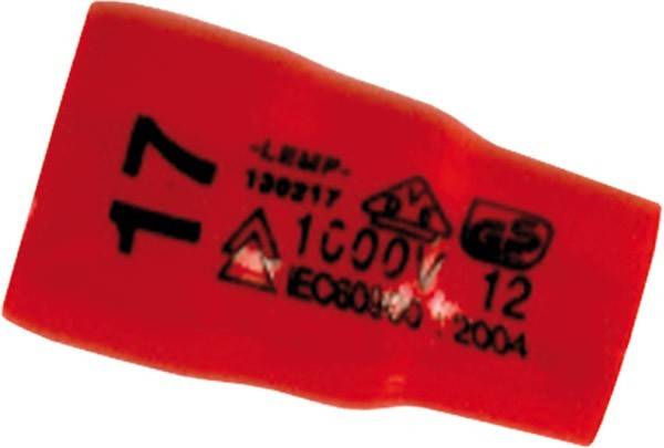 Ein roter isolierter Werkzeuggriff mit Markierungen: '1000V', 'IEC60900' und Sicherheitssymbolen, die die Spannungsisolationskonformität anzeigen.