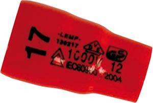 Eine Nahaufnahme eines roten isolierten Werkzeuggriffs mit Sicherheitszertifizierungsmarkierungen, einschließlich 'IEC 60900' und einer 1000V-Bewertung.