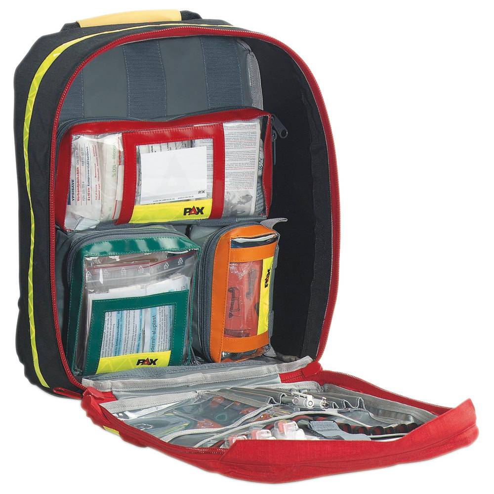 Notfall-Rucksack offen mit übersichtlich organisierten medizinischen Materialien in transparenten, farbcodierten Beuteln für einfachen Zugriff und gute Sichtbarkeit.