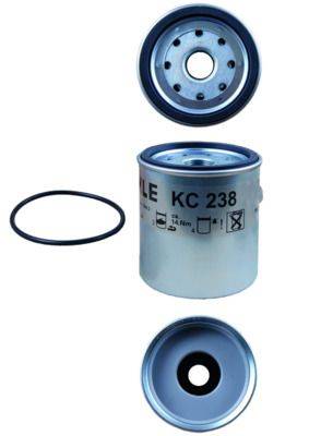 Ölfilter mit Dichtungsring und separat dargestellten Komponenten; mit Bezeichnung 'KC 238', enthält Drehmomentangaben und Recycling-Symbol.