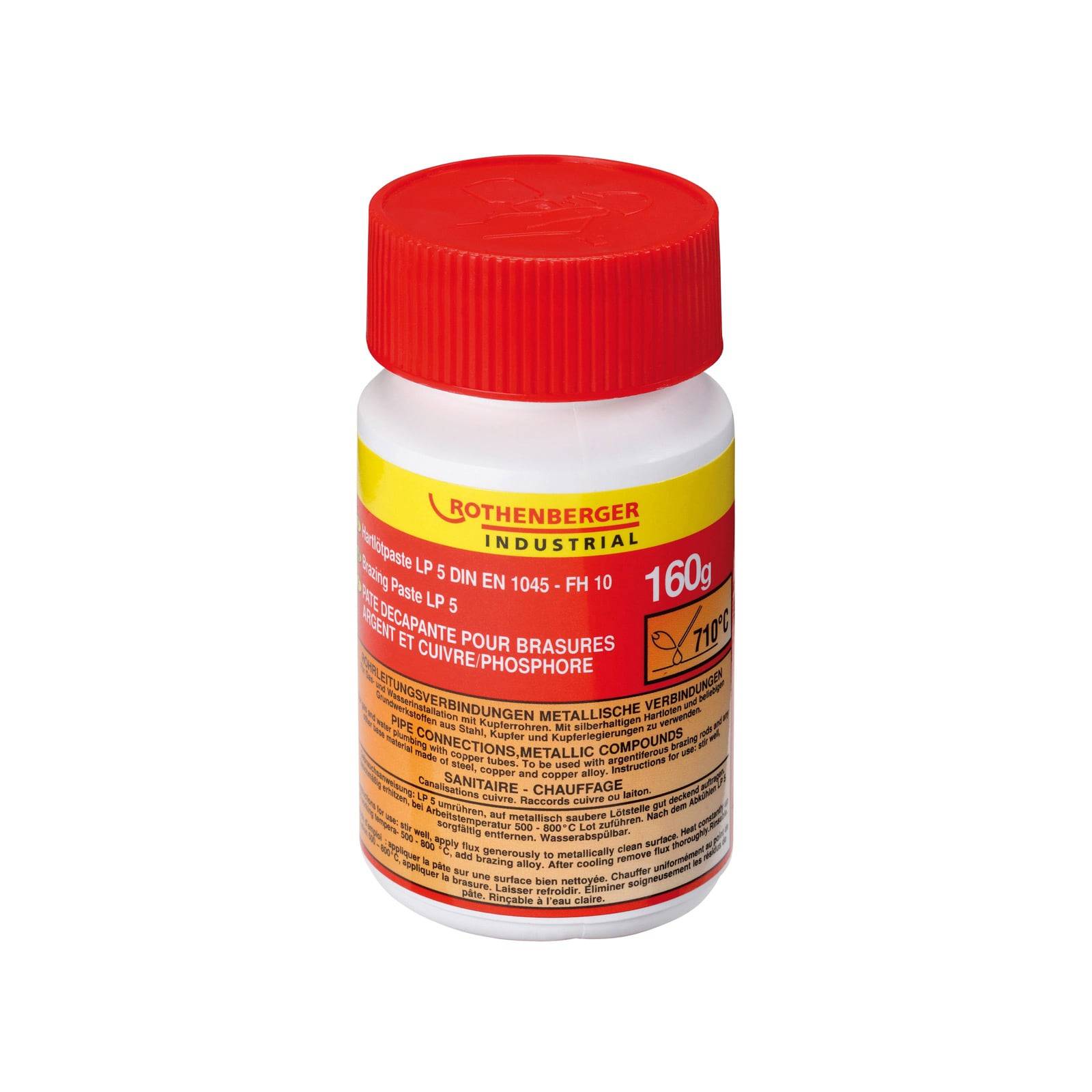 Ein Plastikbehälter mit einem roten Deckel, beschriftet mit 'Rothenberger Industrial', der 160g Decapant zum Löten und Phosphorkupfer enthält.