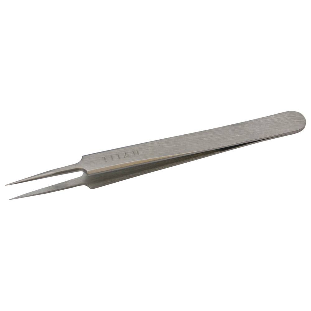 Ein Paar Edelstahl-Pinzetten mit spitzen Spitzen, die für Präzisionsaufgaben konzipiert sind.