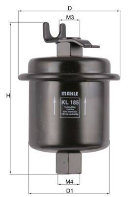 Ein schwarzer Kraftstofffilter mit der Aufschrift 'MAHLE KL 185', versehen mit Richtungspfeilen für den Kraftstofffluss. Er ist zylindrisch und verfügt über eine Befestigungshalterung oben.