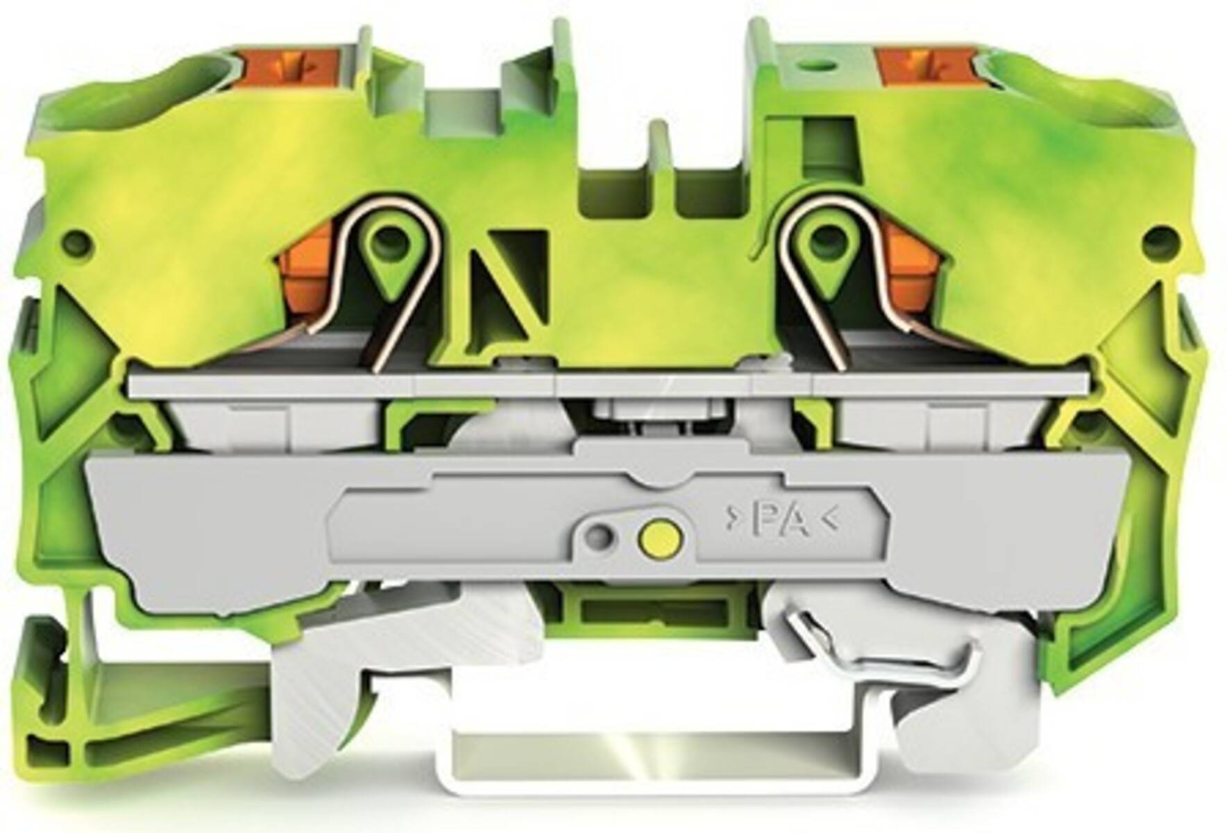 Eine Nahaufnahme eines grünen elektrischen Klemmblocks mit sichtbaren Anschlüssen und Schrauben, der zum Befestigen und Anschließen von elektrischen Leitungen verwendet wird.