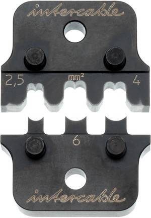 Zwei schwarze Stanzwerkzeuge mit beschrifteten Maßskalen von '2,5 mm²', '4 mm²' und '6 mm²'.