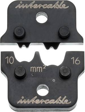 Crimpwerkzeug-Matrize für 10-16 mm² Kabel, mit zwei Rillen zur Befestigung von Kabeln während des Crimpens; aus Metall, in schwarz-silberner Ausführung.
