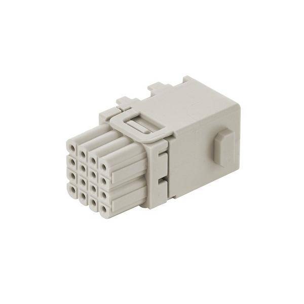 Ein 12-poliger grauer elektrischer Steckverbinder, rechteckig in Form, der zum Verbinden mehrerer Drähte in einer elektronischen Vorrichtung oder einem System verwendet wird.