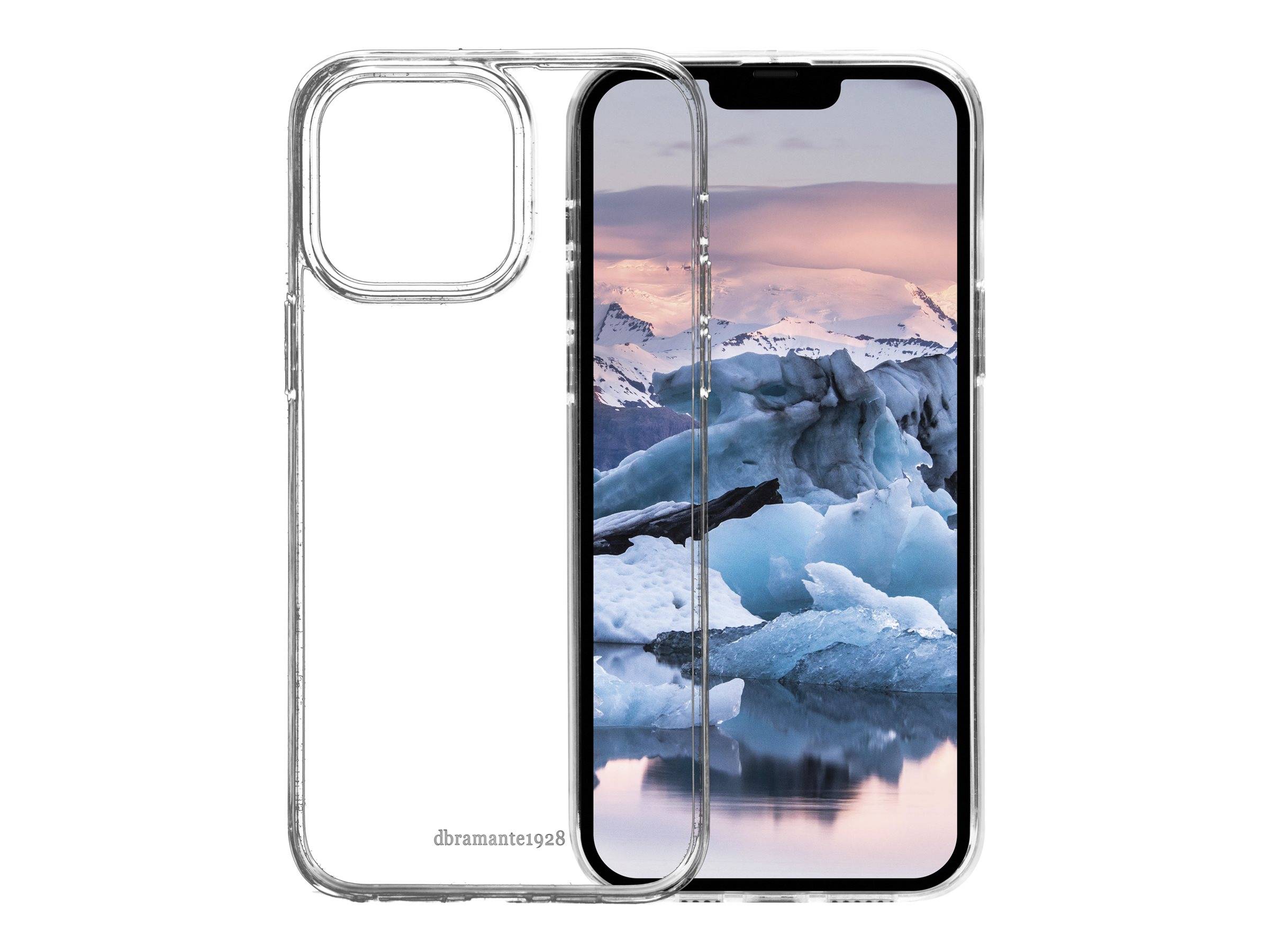 Transparente Handyhülle neben einem Telefon, auf dem eine eisige Landschaft mit Bergen und Wasser bei Sonnenuntergang angezeigt wird.