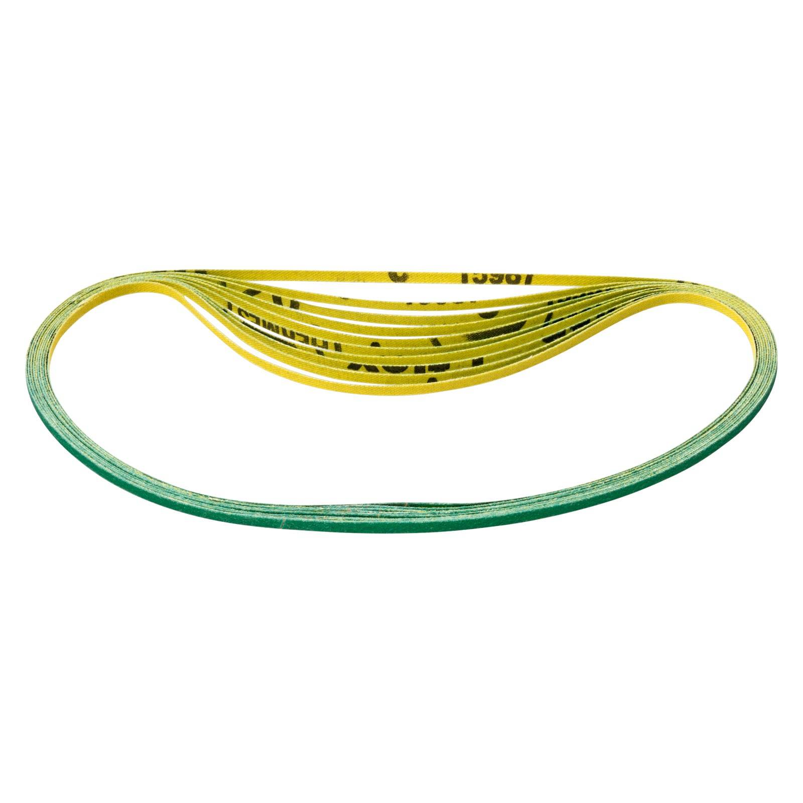 Ein gewickelter, mehrfarbiger Industriegurt mit Schichten in Gelb, Schwarz und Grün, der vor einem weißen Hintergrund präsentiert wird.