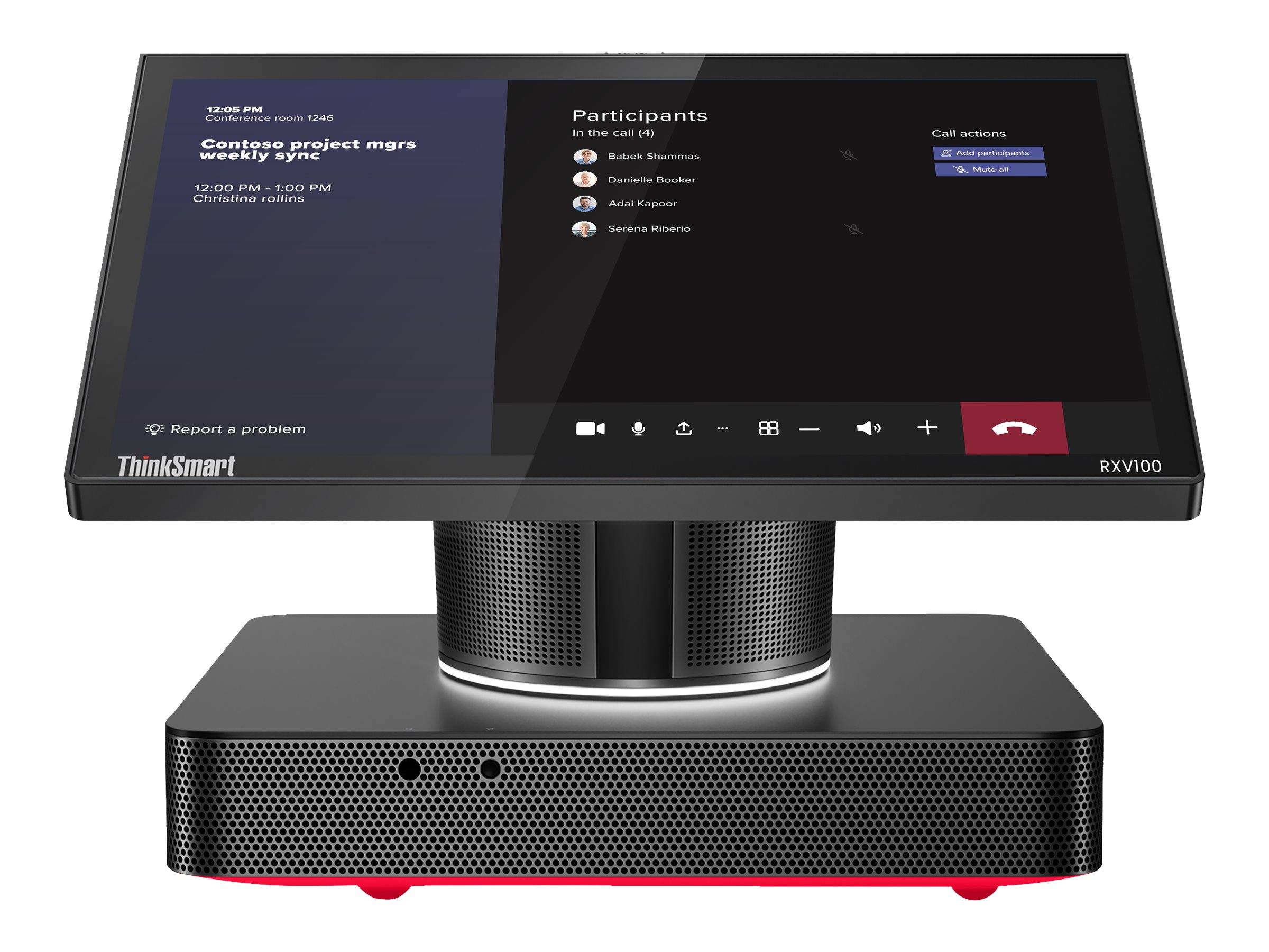 Lenovo ThinkSmart Videokonferenzgerät mit einem Touchscreen, der ein Meeting mit dem Titel „Contoso project mgrs