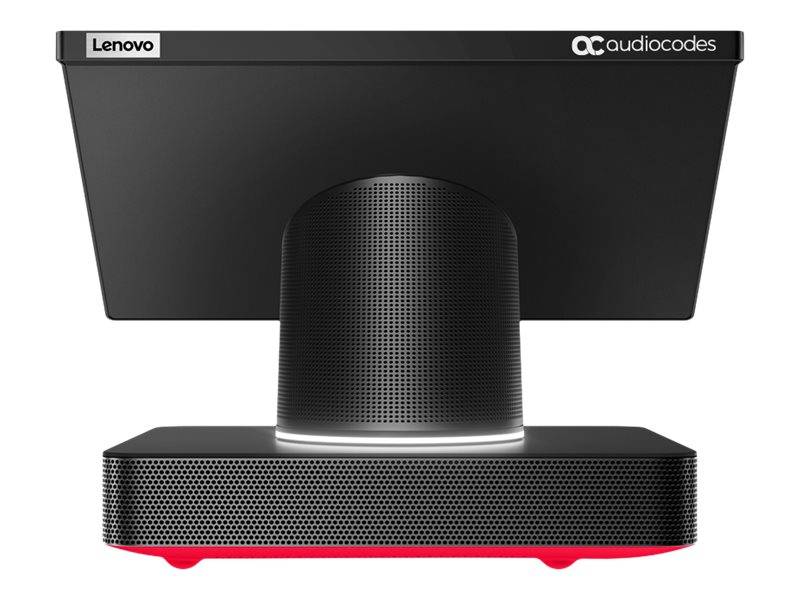 Vorderansicht eines Lenovo Audiocodes Konferenz-Freisprechtelefons mit perforierter zylindrischer Mitte und roter Basis auf weißem Hintergrund.