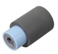 Schwarze Gummipapiereingriffsrolle mit einem hellblauen Kunststoffkern und Metallmitte auf weißem Hintergrund.