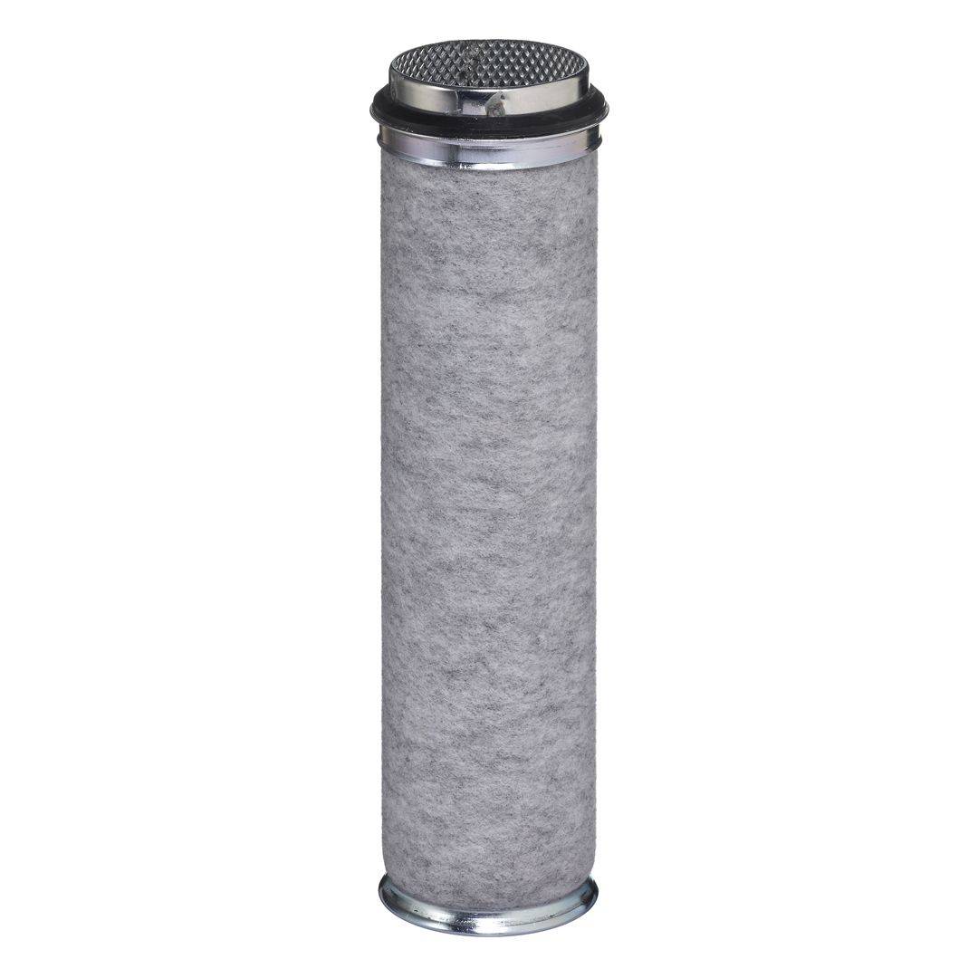 Ein grauer zylindrischer Luftfilter mit Metallgitter an der Oberseite, für industrielle Zwecke konzipiert, vor einem schlichten weißen Hintergrund.