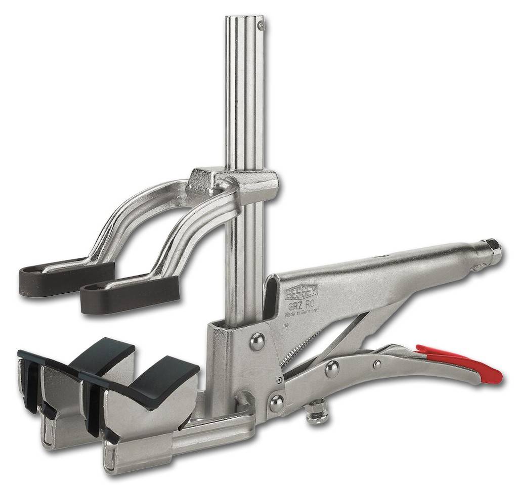 Metallklemm-Werkzeug mit verstellbarer vertikaler Schiene und zwei gepolsterten Backen, ausgestattet mit einem Verriegelungsgriff zum Sichern von Objekten.