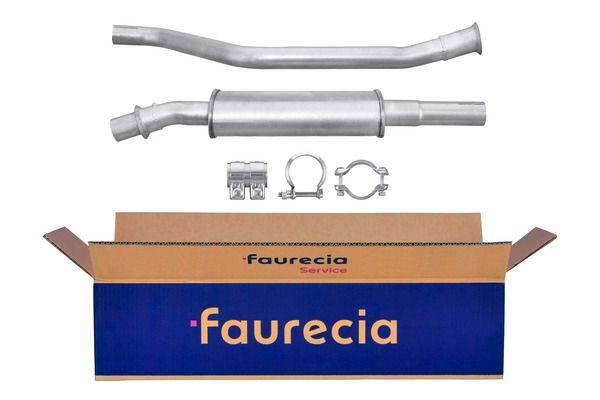 Auspuffanlage der Marke 'Faurecia' mit Rohren und Schellen vor weißem Hintergrund.