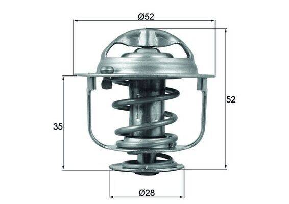 Das Bild zeigt eine mechanische Federvorrichtung mit folgenden Abmessungen: 52 mm Höhe, 52 mm Durchmesser am oberen Ende, 28 mm Durchmesser am unteren Ende.