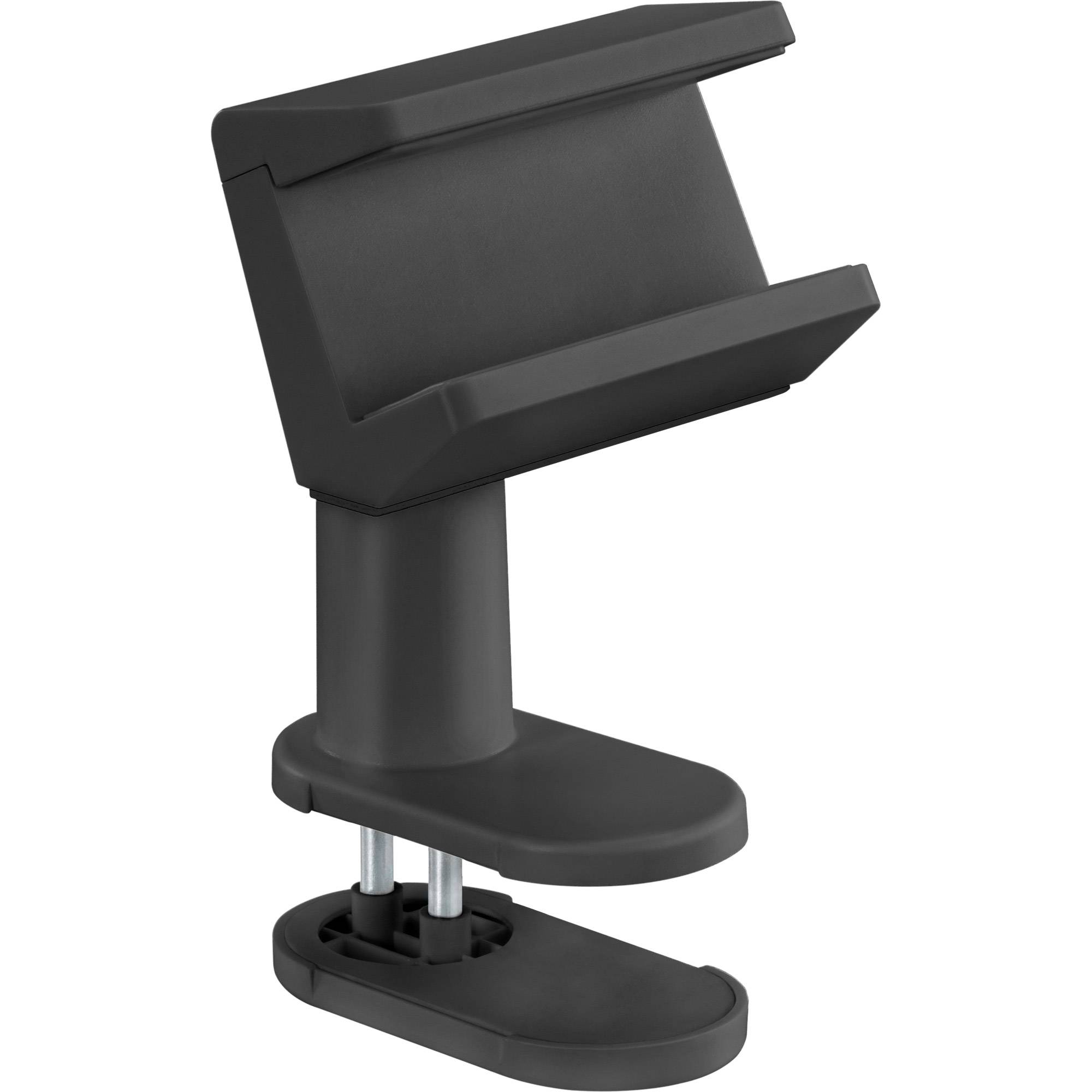 Schwarze verstellbare Klemmarmstütze oder Tablethalter mit gepolsterter Unterstützung und Basismontage.