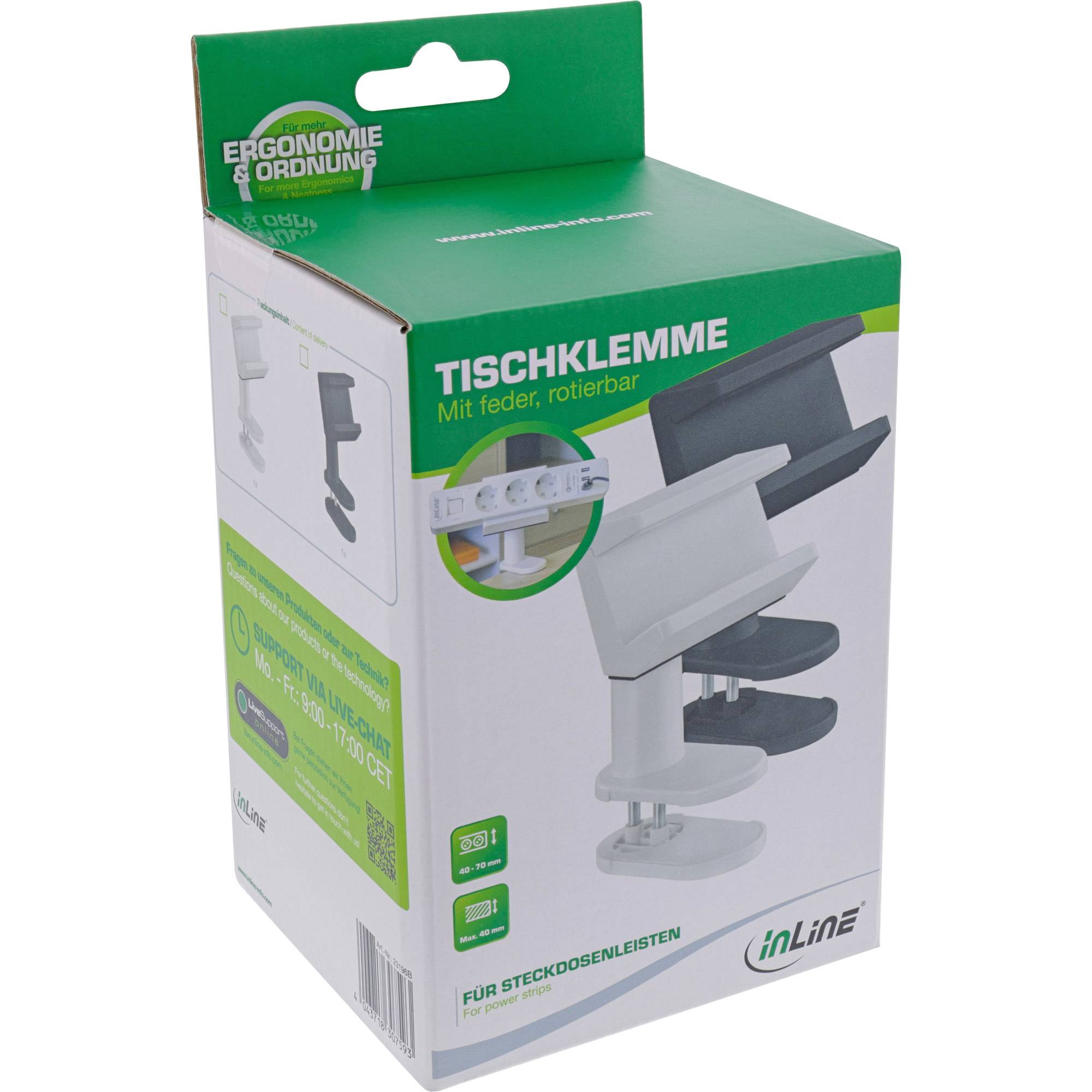 Produktverpackung für eine iNLine 'TISCHKLEMME' Tischklemme, mit einem federbelasteten, drehbaren Halter für Steckdosenleisten.