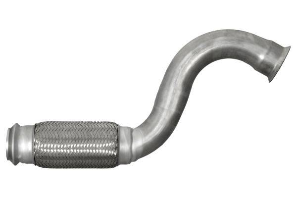 Ein metallischer Auspuffschlauch mit einem flexiblen geflochtenen Abschnitt und einer geschwungenen Form vor einem weißen Hintergrund.