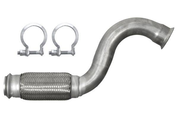 Metallabgasrohr mit gebogener Gestaltung, flexiblem Mittelteil und zwei Befestigungsklemmen zur Montage.