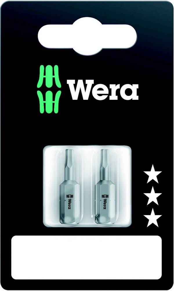 Wera-Marken-Werkzeugsatz mit zwei Schraubendrehern in einer transparenten Kunststoffblisterverpackung auf einer schwarzen Karte, mit dem Wera-Logo und einem leeren weißen Etikettenbereich.