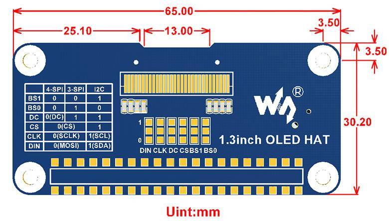 1.3" OLED Display HAT für Raspberry Pi, einfarbig (blau)
