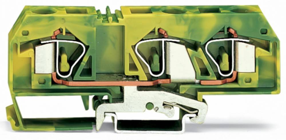 Querschnitt eines elektrischen Anschlussklemmenblocks, der die inneren Komponenten und Verbindungen zeigt und die internen Metallkontakte und Isolierung hervorhebt.