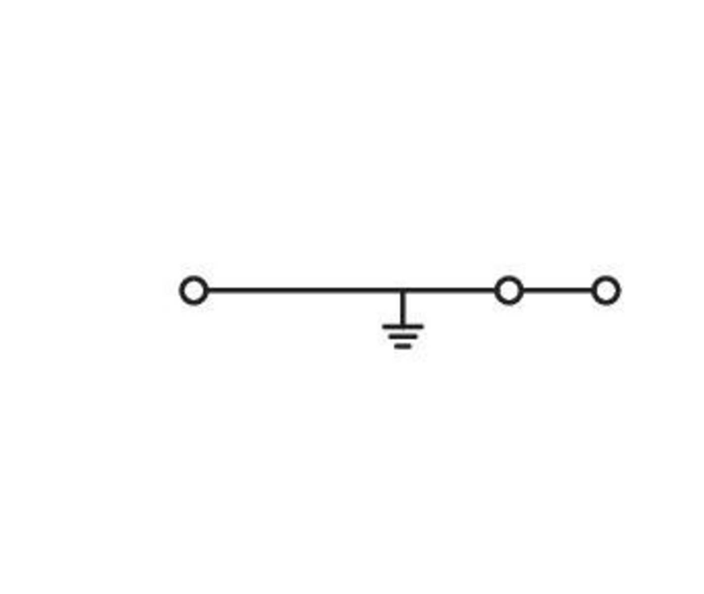Eine einfache elektrische Schaltskizze mit einer horizontalen Linie, die zwei kreisförmige Knoten und ein Massesymbol in der Mitte aufweist.