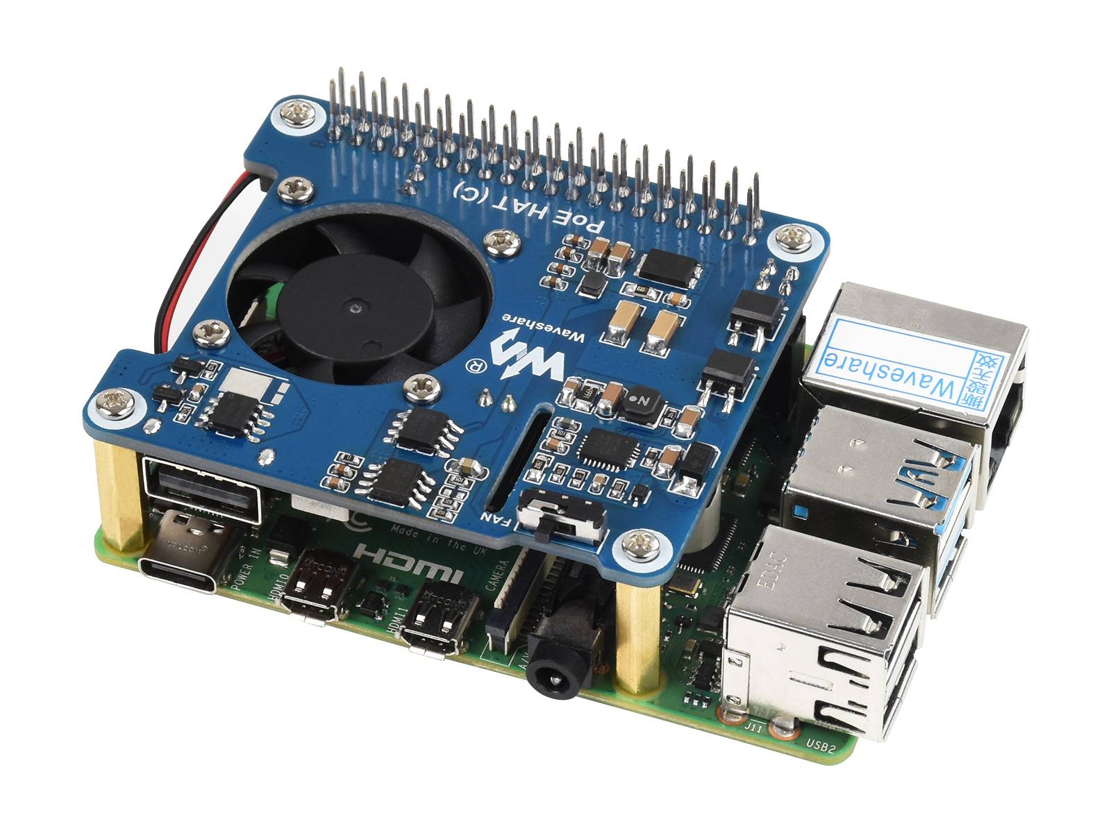 WaveShare PoE HAT (C) for Raspberry Pi 3B+/4B, 802.3af/at-compliant
