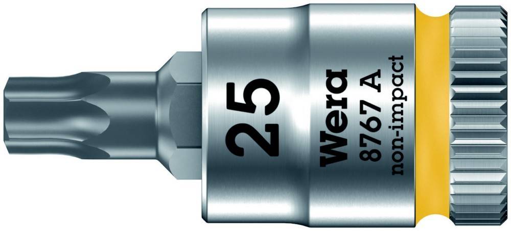 Nahaufnahme einer silbernen Wera 25 Schraubendreher-Stecknuss ohne Schlagwirkung mit gelbem Band und Torx-ähnlicher Spitze auf weißem Hintergrund.