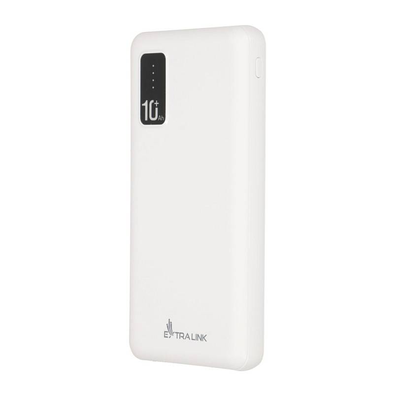 Weiße Ultralink 10.000-mAh-Powerbank mit LED-Ladeindikator und einseitiger Taste.