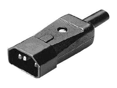 Ein Nahaufnahmebild eines schwarzen 3-poligen Netzsteckers, der häufig verwendet wird, um elektronische Geräte mit einer Stromquelle zu verbinden.